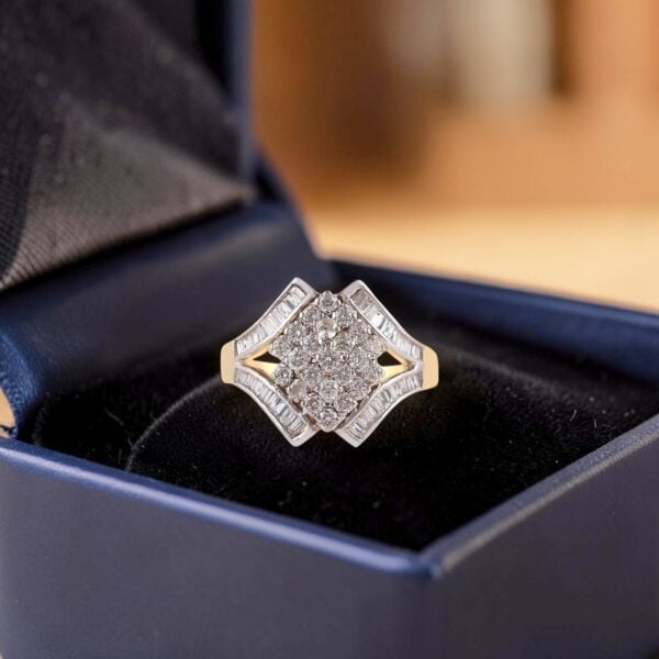 R-701 (6) Pavé 1.28 Cts Round Baguette Cut F/VS1 Diamonds Cluster Engagement Ring 14K Gold