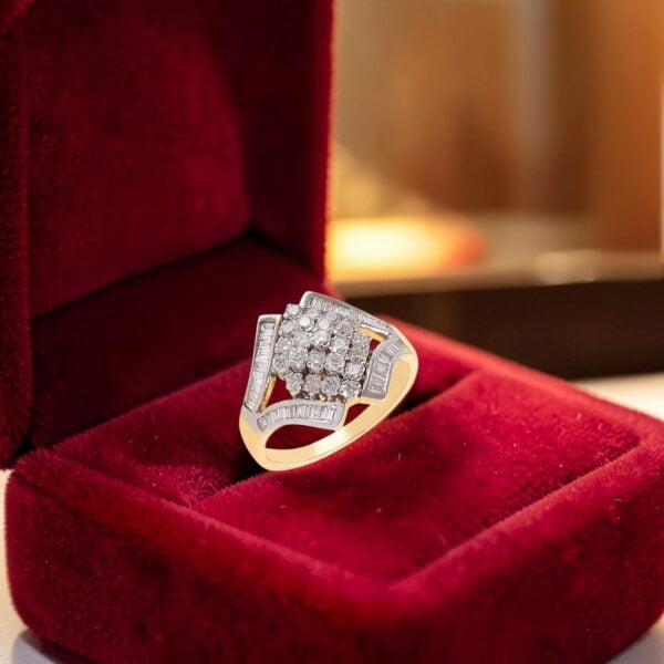 R-701 (7) Pavé 1.28 Cts Round Baguette Cut F/VS1 Diamonds Cluster Engagement Ring 14K Gold