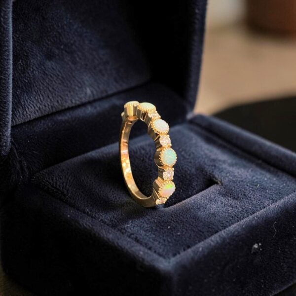 R-815-R (20) 0.80 Cts Round Brilliant F/VS1 Diamonds Opal Art Deco Band Ring In 18K Rose Gold