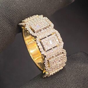 Pave 1.40 Cts Round Baguette Shape Diamonds Unisex Hip Hop Band Ring In 14K Gold