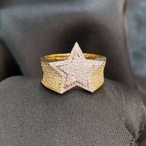Pave 1.25 Cts Round Brilliant Cut Diamonds Iced Out Men's Star Ring In 14K Gold