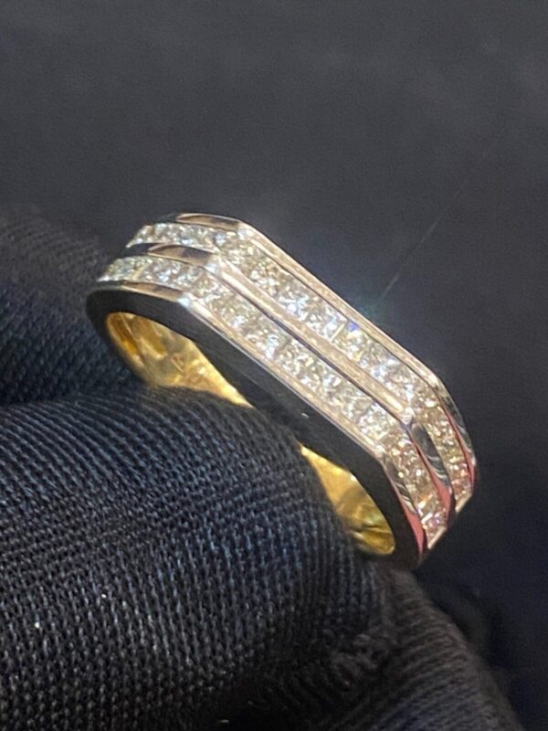 R-883 (3) Pave 1.51 Cts Channel Set Princess Diamonds Unisex Two-Row Wedding Ring 14K Gold
