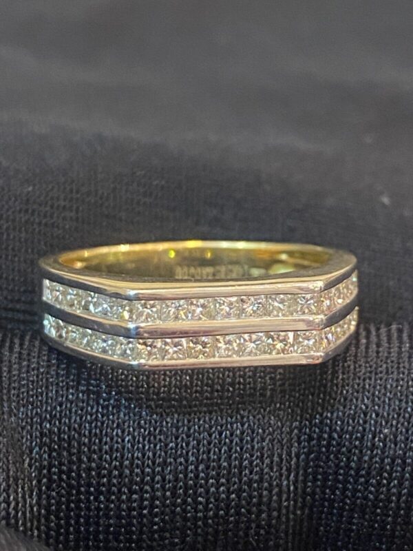 R-883 (4) Pave 1.51 Cts Channel Set Princess Diamonds Unisex Two-Row Wedding Ring 14K Gold
