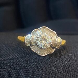 Pave 0.80 Cts Round Baguette Cut Diamonds Solitaire Anniversary Ring In 14K Gold