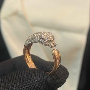 R-951 (1) Pave 1.02 Cts Round Brilliant Diamonds Emerald Green Eye Panther Ring In 14K Gold