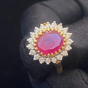 7.42 Carats Round Brilliant Cut Diamonds Centered Ruby Cocktail Ring In 18K Gold