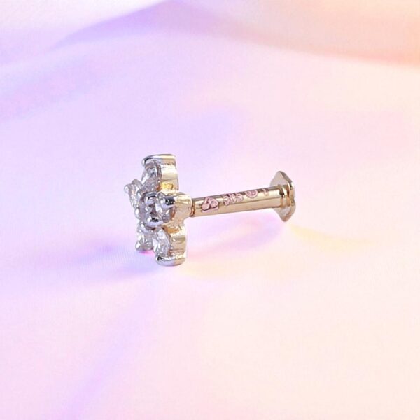 0.21 Cts Round Brilliant Cut Natural Diamonds Floral Nose Stud 18K Yellow Gold